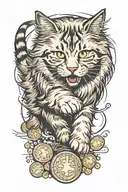tabby norwegian forest cat chasing a gold coin, drawn from the side tattoo design idea