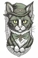 a green-eyed black and white tuxedo cat wearing a wizard hat sitting tattoo design idea