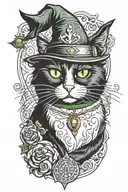 a green-eyed black and white tuxedo cat wearing a wizard hat sitting tattoo design idea
