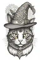 a black and white tuxedo cat wearing a wizard hat sitting tattoo design idea