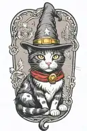 a black and white tuxedo cat wearing a wizard hat sitting tattoo design idea