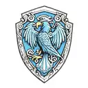 ravenclaw logo from harry potter, no text in the tattoo, raven is blue, inside the shield is white tattoo design idea
