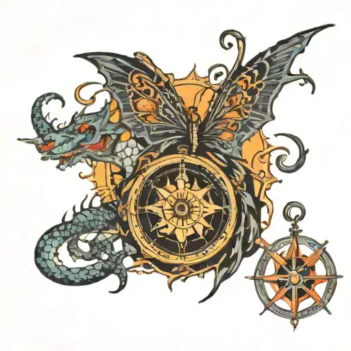  butterfly, a dragon representing fire, an anchor, compass, sun, moon, stars  tattoo design idea