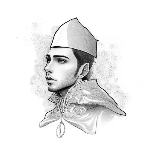 young man with a thin, pale, expressionless face. clothed in loose, white and gold, foppish silk clothing tattoo design idea