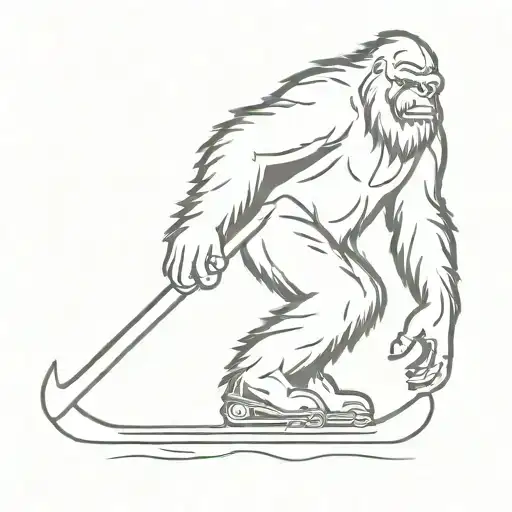 A majestic Sasquatch skating on ice with a hockey stick in hand tattoo design idea