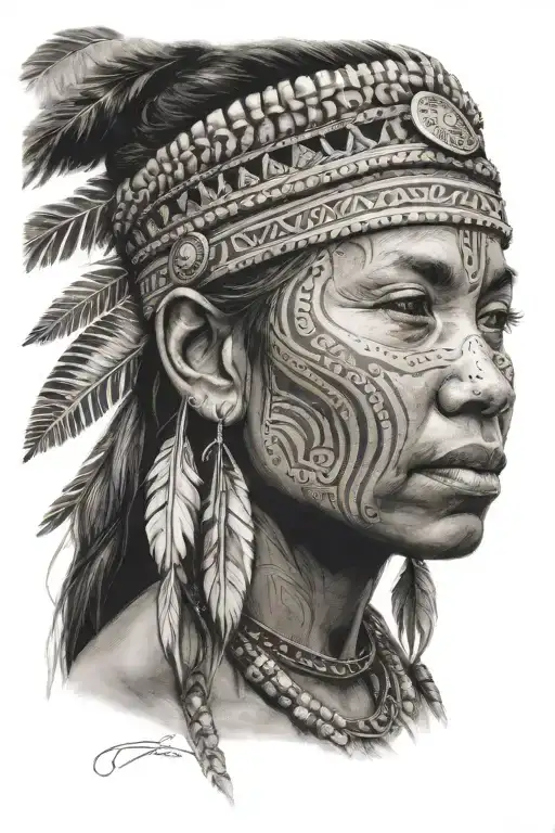 A realistic image of a typical Amazonian indigenous woman. She has striking facial features and her skin is a bronzed to tattoo design idea
