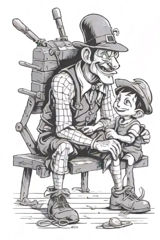 Dark mysterious Pinnochio taking care of his grandkid tattoo design idea