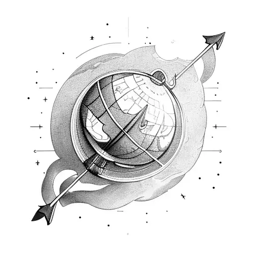 A globe with a bow and arrow shooting through it, representing the adventurous nature of a Sagittarius traveler tattoo design idea