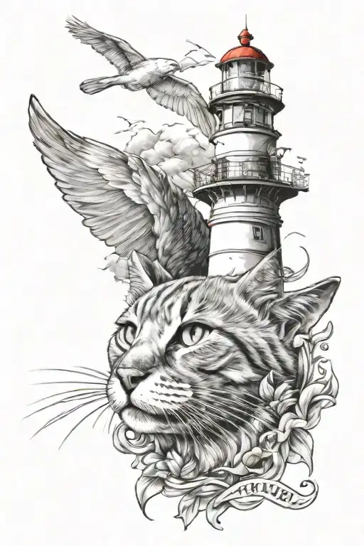 lighthouse guiding cat tattoo design idea