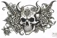 skull, flowers, devil, full scene from hell hound tattoo design idea