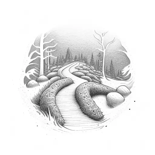 A hiking trail leading to a sandy beach at twilight tattoo design idea
