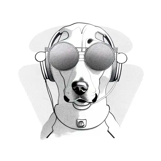 A stylish dog wearing headphones and sunglasses in a sketch style tattoo design idea