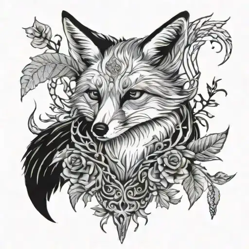 black and grey mystical fox with couldren, vines, and raven skull. tattoo design idea