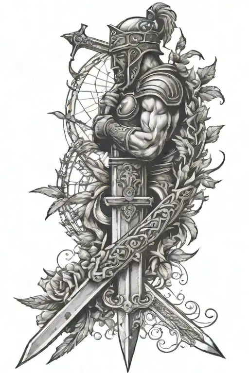 A full arm tattoo with the history of Rome and the history of the city of Kiel, with a matching sword and a laurel wreat tattoo design idea