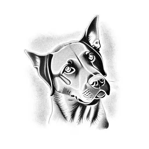 A dotwork tattoo of a majestic black labrador retriever sitting in the driver's seat of a vintage Ford pickup truck tattoo design idea