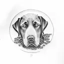 A dotwork tattoo of a majestic black labrador retriever sitting in the driver's seat of a vintage Ford pickup truck tattoo design idea