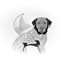 A dotwork tattoo of a majestic black labrador retriever sitting in the driver's seat of a vintage Ford pickup truck tattoo design idea