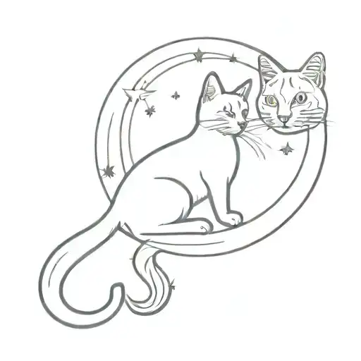 A playful cat sitting on the crescent moon, interacting with a star, Saturn, and a butterfly tattoo design idea