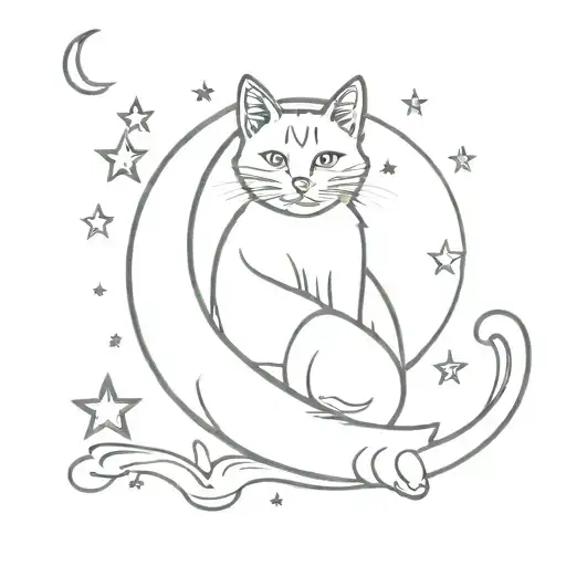 A whimsical scene of a cat sitting on the crescent moon, surrounded by stars, Saturn, and a butterfly tattoo design idea