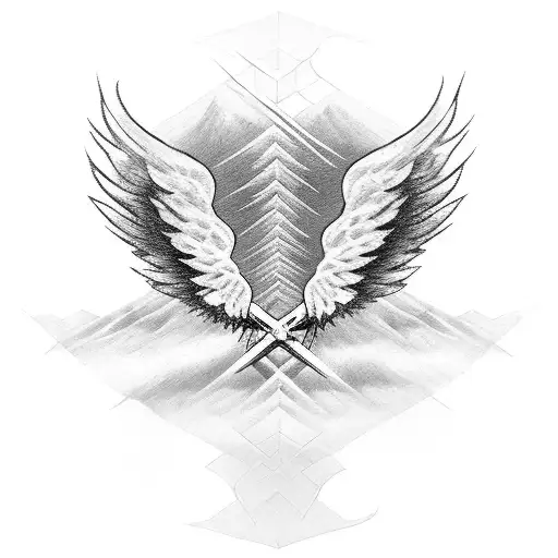 angel wings with cross road with trees leading to mountain tattoo design idea