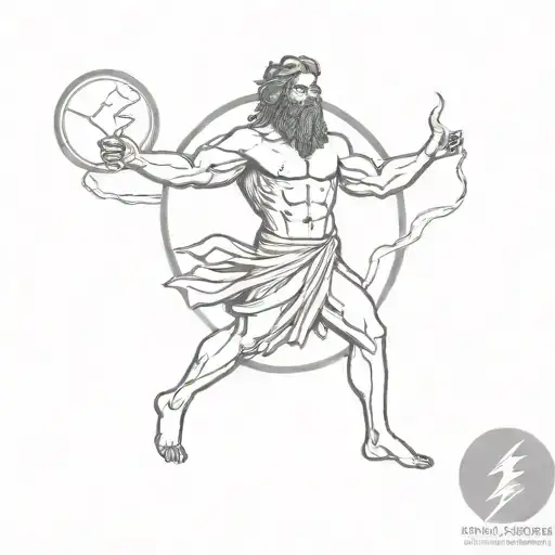 Zeus full body posing holding lightning epic circular design tattoo design idea
