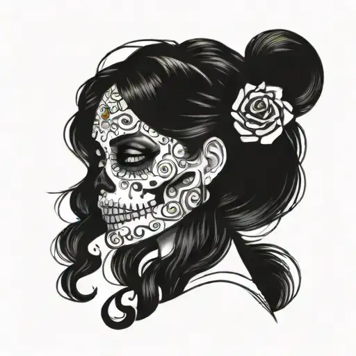 candy skull girl black and white drawing tattoo design idea
