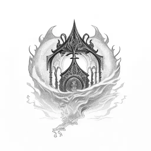 A black arch with the words "You can stand me up at the gates of hell..." contained within it that goes from the  tattoo design idea