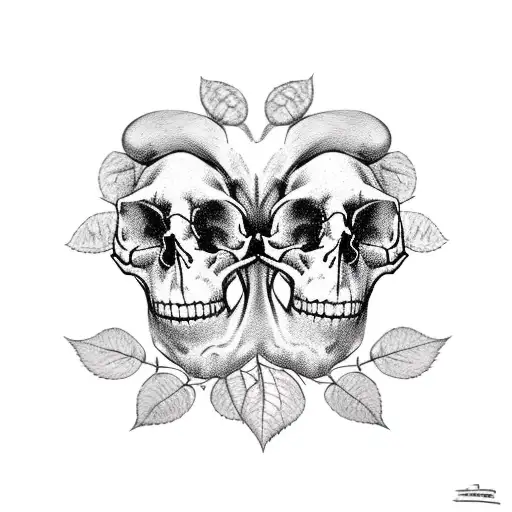 2 skulls with heads pressed together, rose vines with 4 roses of different sizes and lots of vines and leaves tattoo design idea