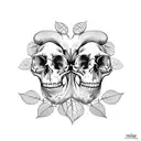 2 skulls with heads pressed together, rose vines with 4 roses of different sizes and lots of vines and leaves tattoo design idea