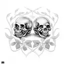 2 skulls with heads pressed together, rose vines with 4 roses of different sizes and lots of vines and leaves tattoo design idea