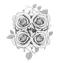 2 skulls with heads pressed together, rose vines with 4 roses of different sizes and lots of vines and leaves tattoo design idea