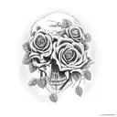2 skulls with heads pressed together, rose vines with 4 roses of different sizes and lots of vines and leaves tattoo design idea
