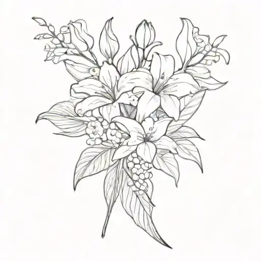 a fine black outline of a bouquet with a daisy, a lily of the valley, a water lily, a gladiolus, and a morning glory tattoo design idea