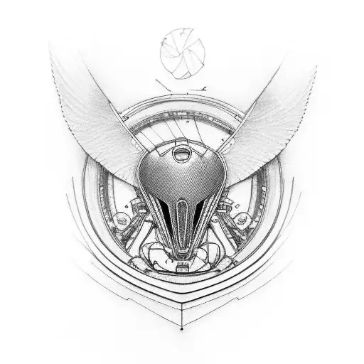 Detailed design of a motorbike engine with subtle wing accents tattoo design idea