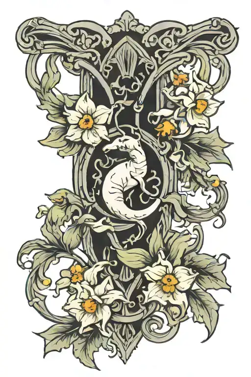 narcissus flower intertwined with Capricorn symbol tattoo design idea