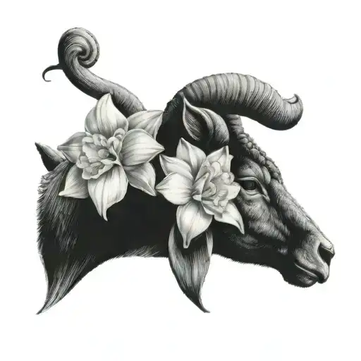 Narcissus flowers blooming from a Capricorn's horn tattoo design idea