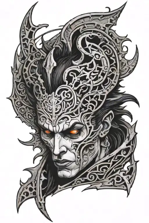 the face of astarion from baldur's gate 3 with vampiric symbols and dark gothic vibe tattoo design idea