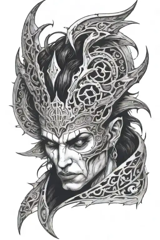 the face of astarion from baldur's gate 3 with vampiric symbols and dark gothic vibe tattoo design idea