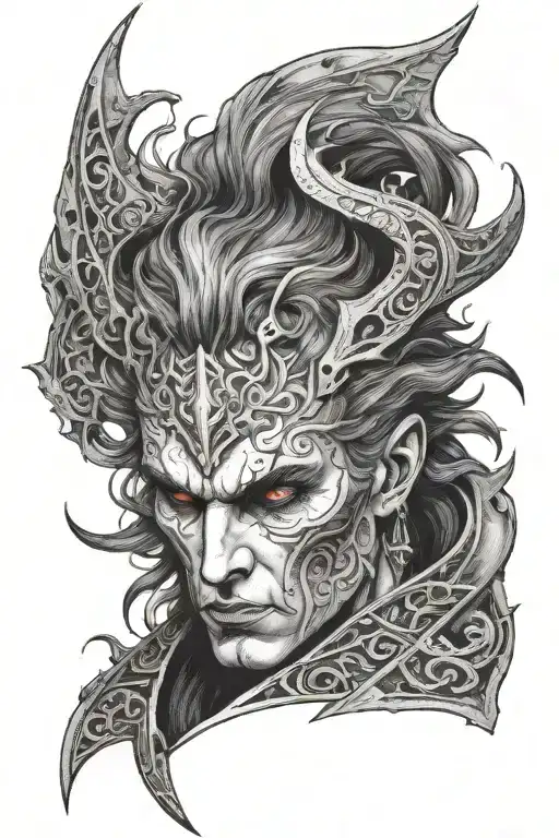 the face of astarion from baldur's gate 3 with vampiric symbols and dark gothic vibe, his hair is white and wavy tattoo design idea