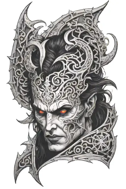 the face of astarion from baldur's gate 3 with vampiric symbols and dark gothic vibe, white and wavy hair, sharp teeth tattoo design idea