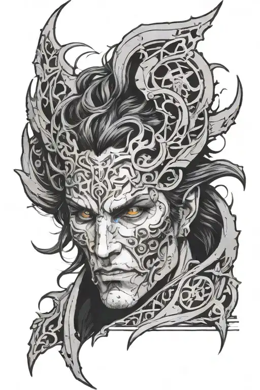 the face of astarion from baldur's gate 3 with vampiric symbols and dark gothic vibe, white and wavy hair, sharp teeth tattoo design idea