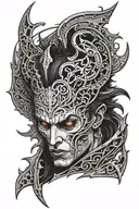 the face of astarion from baldur's gate 3 with vampiric symbols and dark gothic vibe tattoo design idea