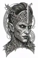 the face of astarion from baldur's gate 3 with vampiric symbols and dark gothic vibe tattoo design idea