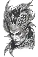 the face of astarion from baldur's gate 3 with vampiric symbols and dark gothic vibe tattoo design idea