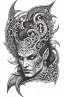 the face of astarion from baldur's gate 3 with vampiric symbols and dark gothic vibe tattoo design idea