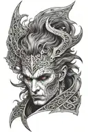 the face of astarion from baldur's gate 3 with vampiric symbols and dark gothic vibe, his hair is white and wavy tattoo design idea
