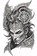 the face of astarion from baldur's gate 3 with vampiric symbols and dark gothic vibe, his hair is white and wavy tattoo design idea