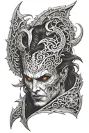 the face of astarion from baldur's gate 3 with vampiric symbols and dark gothic vibe, white and wavy hair, sharp teeth tattoo design idea