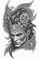 the face of astarion from baldur's gate 3 with vampiric symbols and dark gothic vibe, white and wavy hair, sharp teeth tattoo design idea