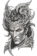 the face of astarion from baldur's gate 3 with vampiric symbols and dark gothic vibe, white and wavy hair, sharp teeth tattoo design idea